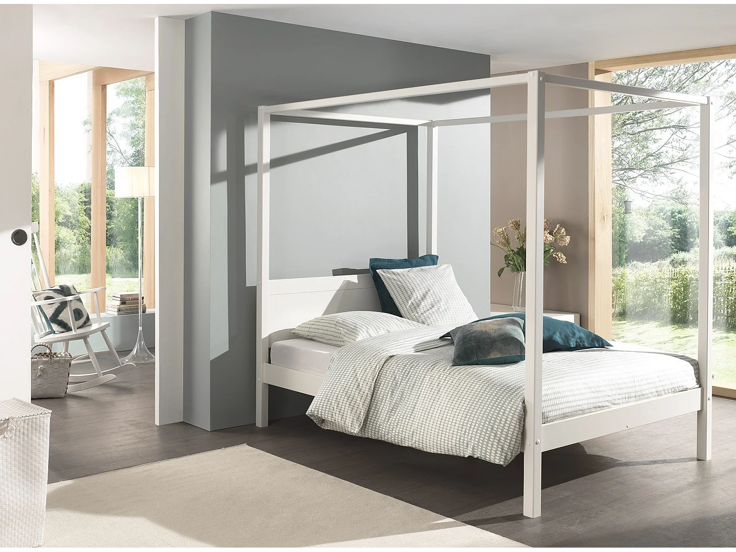 Lit à Baldaquin Bois Massif "Pino" 140x200cm Blanc