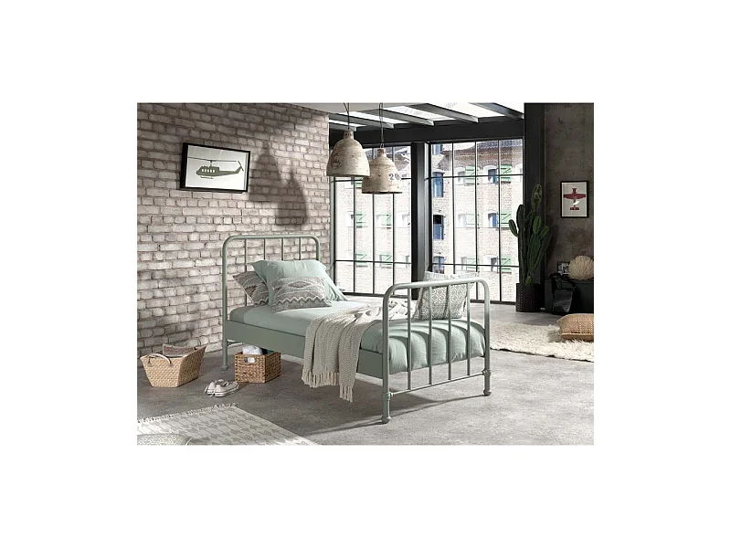 Cama individual Bronx de metal verde mate 90x200 cm