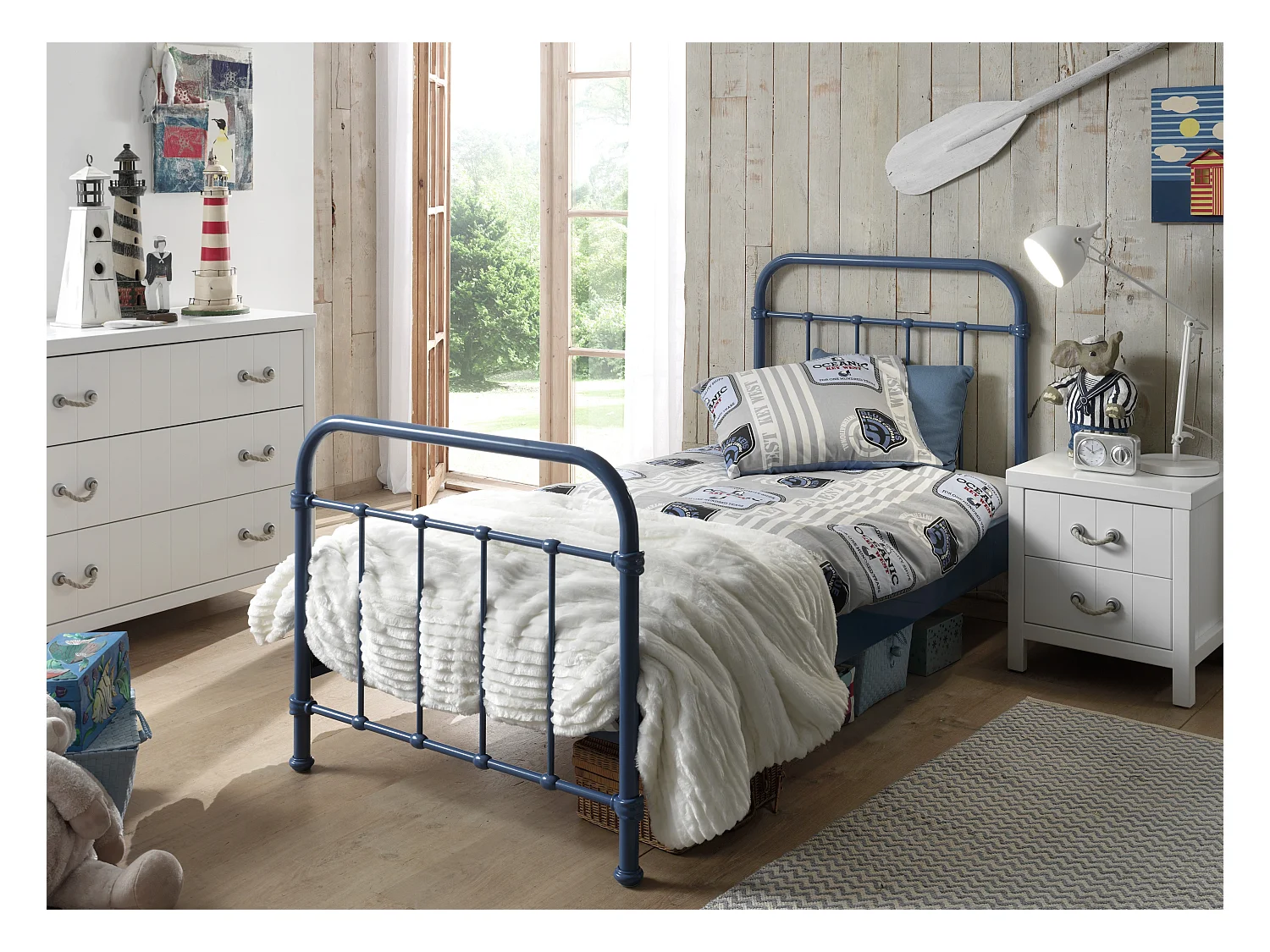 Cama individual de metal azul New York 90x200 cm