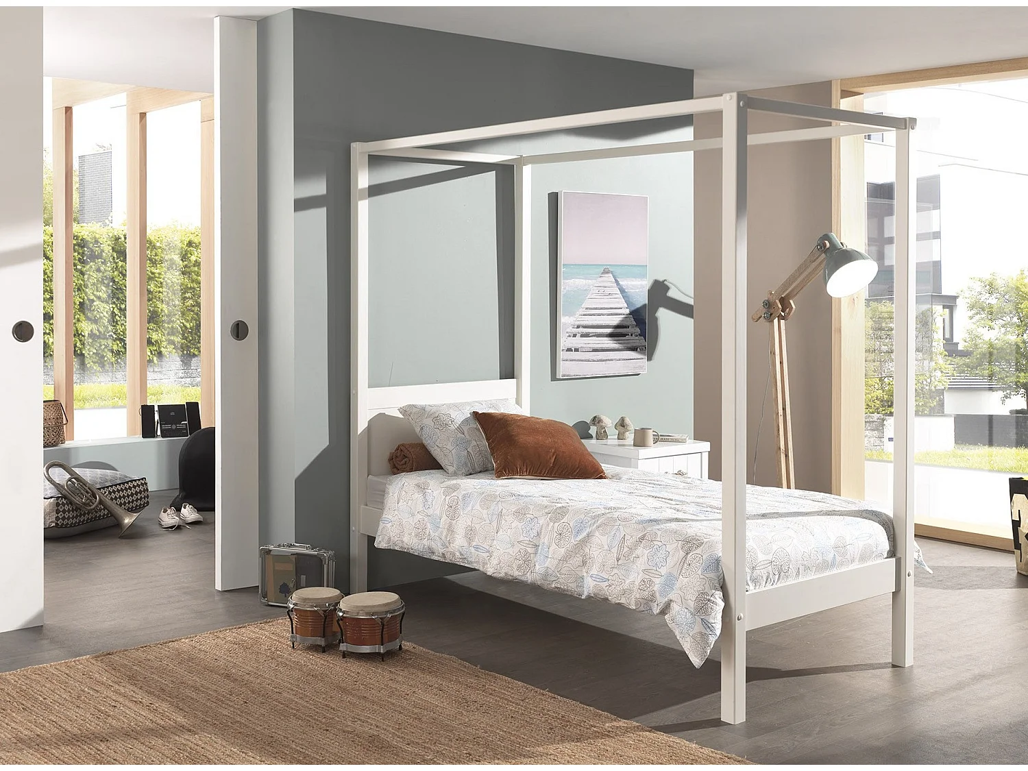 Hemelbed 90x200 cm massief grenen wit gelakt Pino