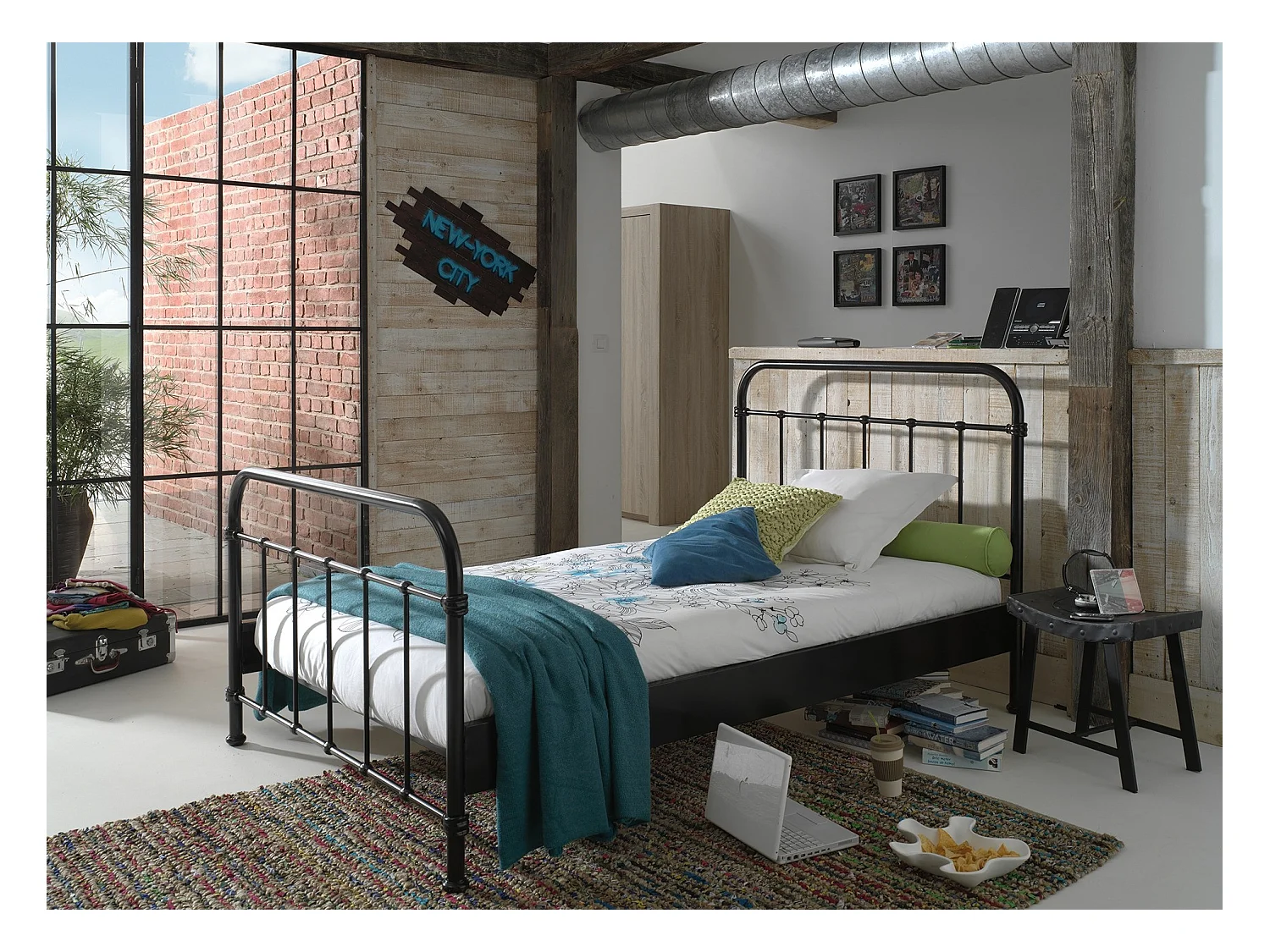 Lit Enfant Métal "New York" 120x200cm Noir