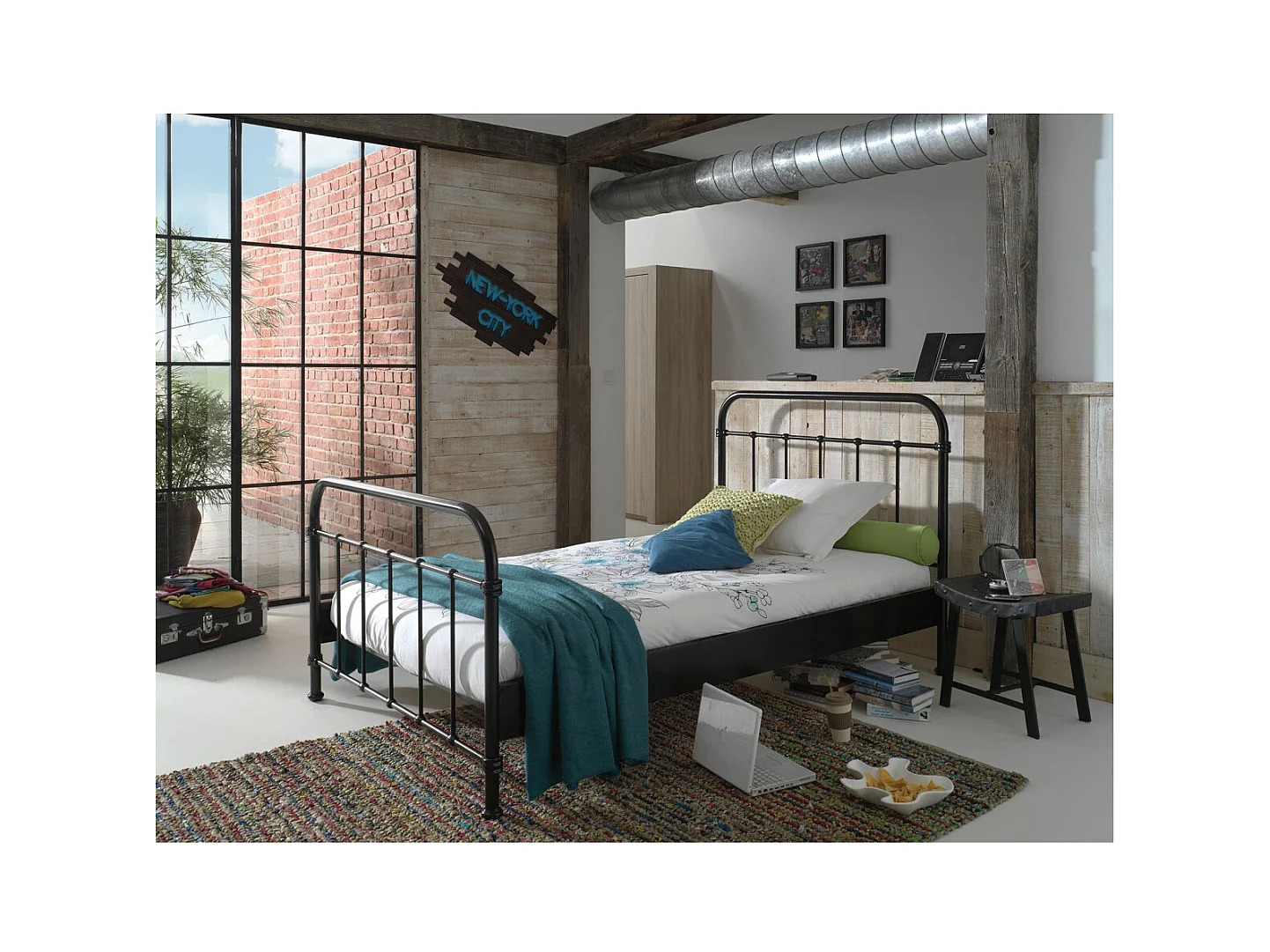 Lit Enfant Métal "New York" 120x200cm Noir