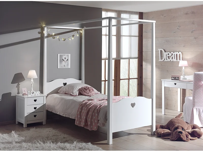 Pack - Lit à Baldaquin Enfant & Sommier "Amori" 90x200cm Blanc