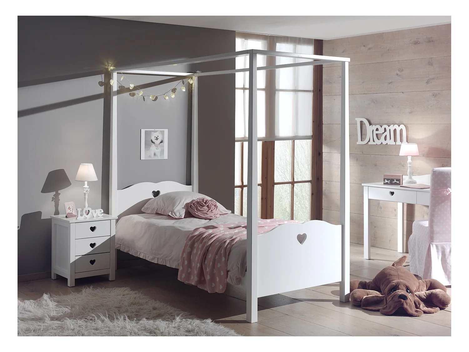 Pack - Lit à Baldaquin Enfant & Sommier "Amori" 90x200cm Blanc