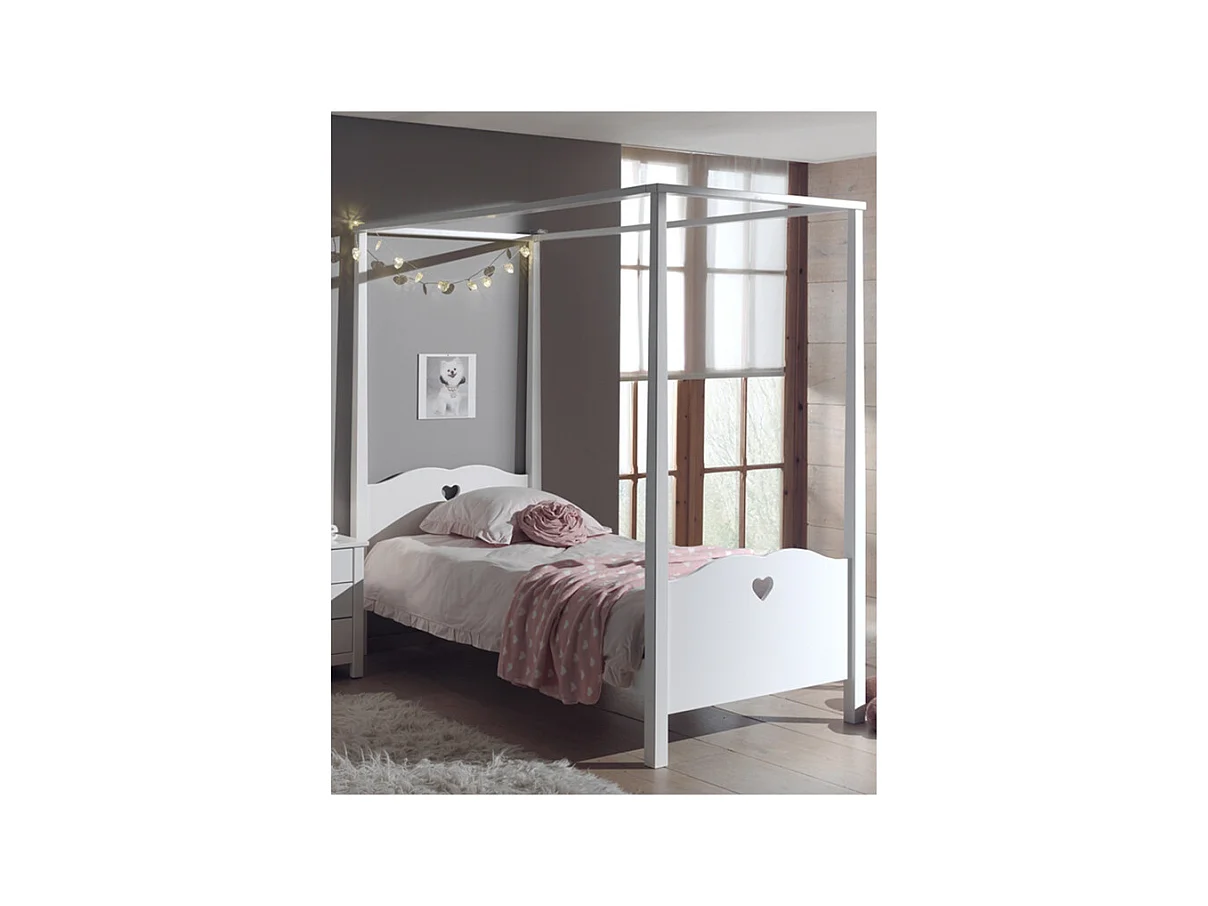 Pack - Lit à Baldaquin Enfant & Sommier "Amori" 90x200cm Blanc