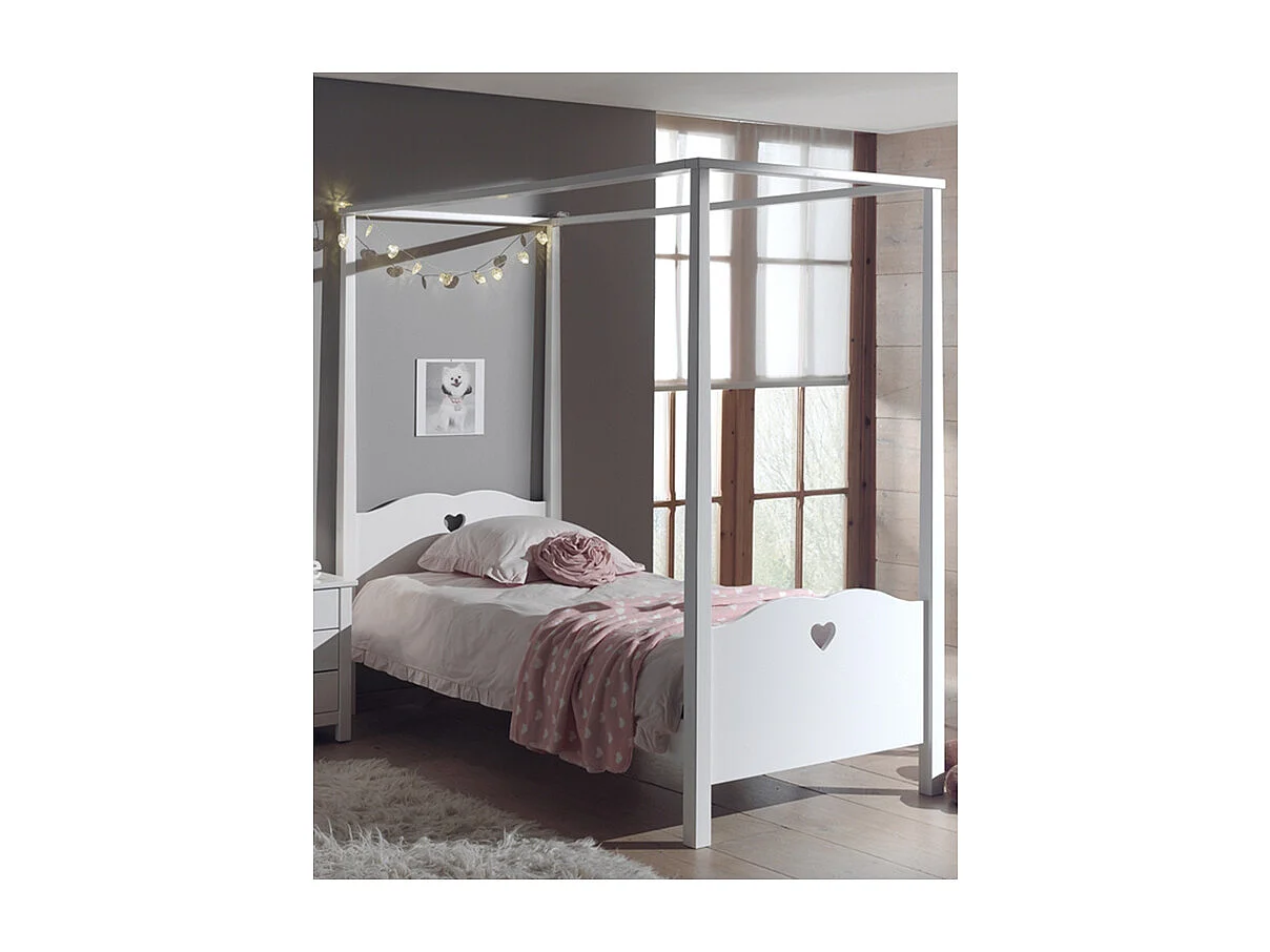 Pack - Lit à Baldaquin Enfant & Sommier "Amori" 90x200cm Blanc