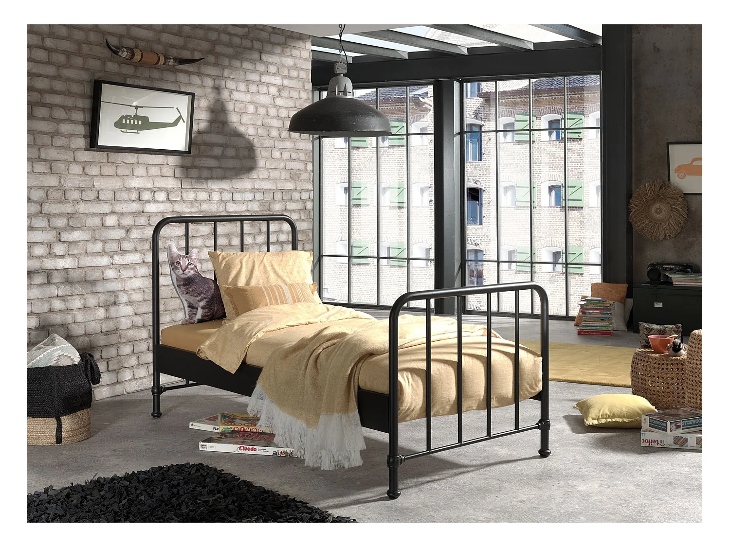 Cama individual Bronx de metal negro mate 90x200 cm