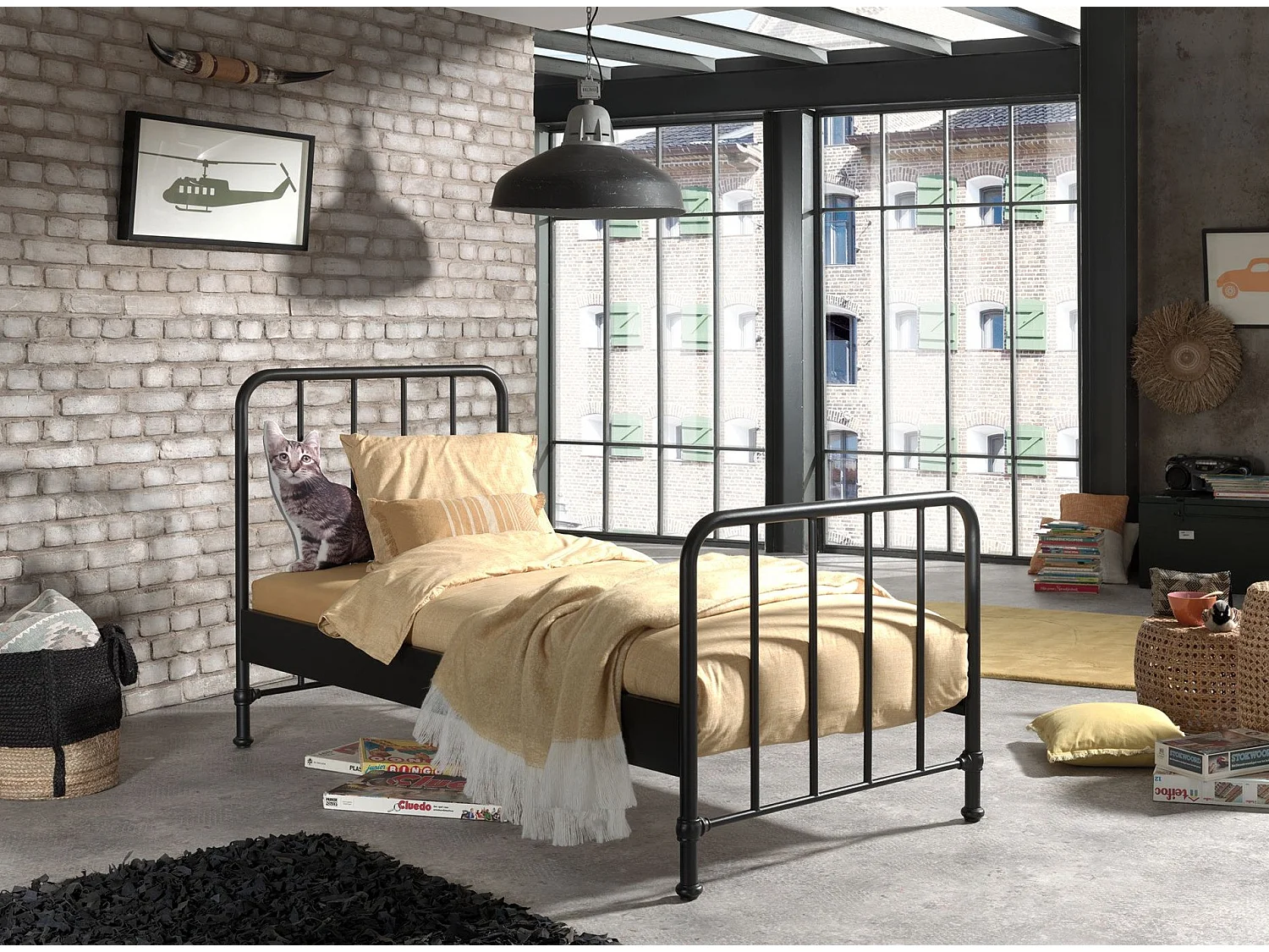 Cama individual Bronx de metal negro mate 90x200 cm