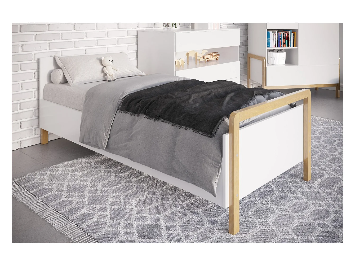 Lit 80x180 sommier inclus Victor - Blanc et Chêne