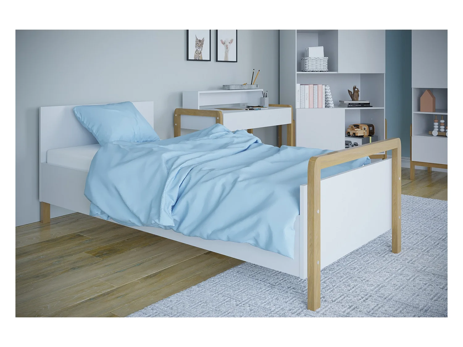 Lit 80x180 sommier inclus Victor - Blanc et Chêne