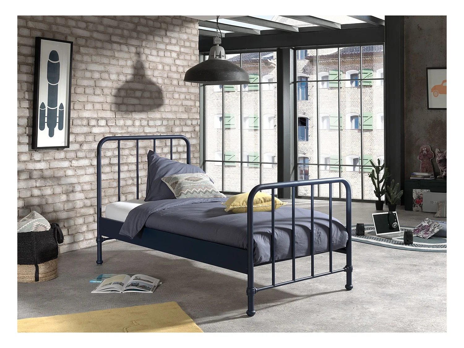 Cama individual Bronx de metal azul mate 90x200 cm