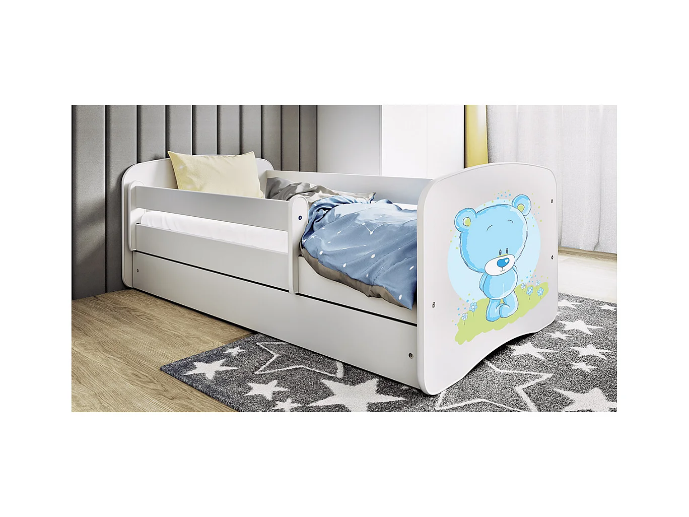 Kinderbett blauer Teddybär Blumen  mit Schublade Weiß 180/80 | Jugendbett