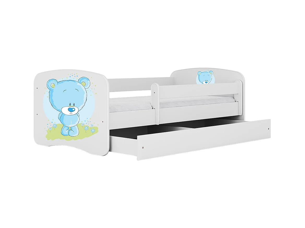Kinderbett blauer Teddybär Blumen  mit Schublade Weiß 180/80 | Jugendbett
