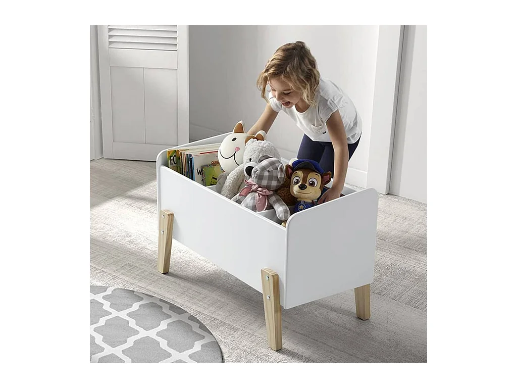 Juguetero infantil de madera lacada en blanco con patas de madera clara