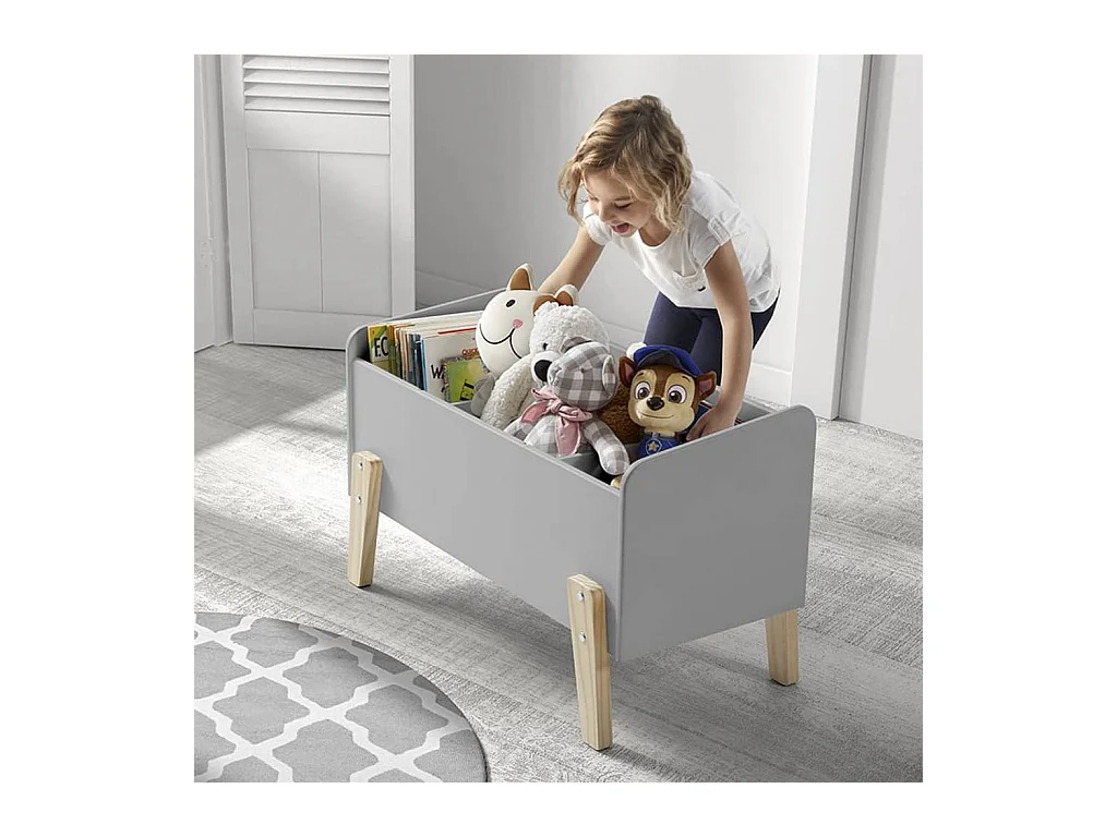 Juguetero infantil lacado en gris con patas de madera clara