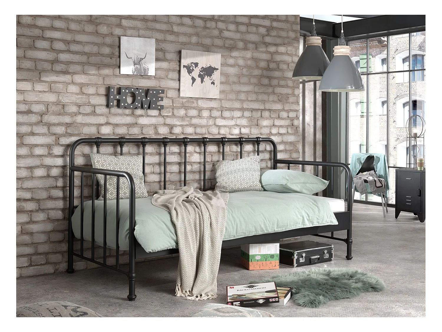 Lit Capitaine Enfant "Bronxx" 90x200cm Noir Mat