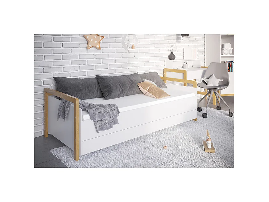 Lit banquette 80x180 sommier et tiroir de lit inclus Victor - Blanc et Chêne