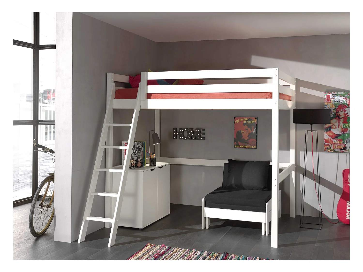 Pack - Lit Mezzanine Enfant, Commode & Fauteuil-Lit "Pino" Blanc