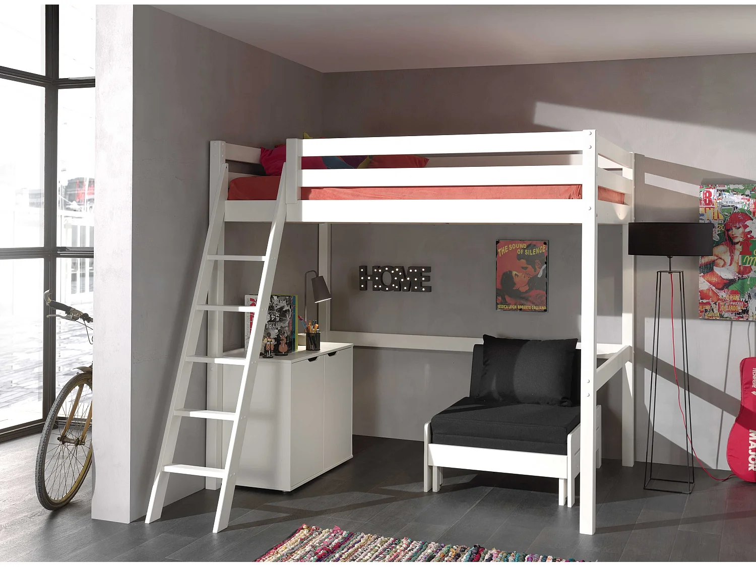 Pack - Lit Mezzanine Enfant, Commode & Fauteuil-Lit "Pino" Blanc