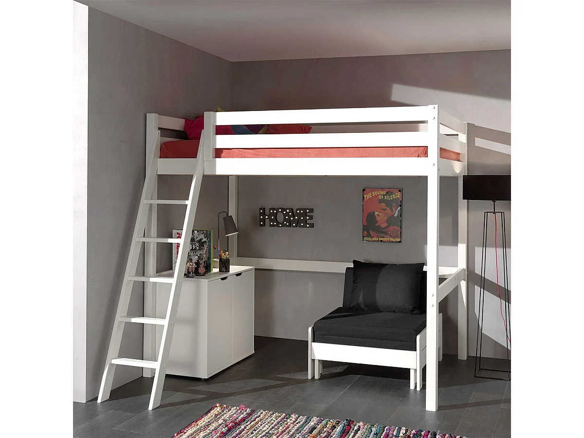 Pack - Lit Mezzanine Enfant, Commode & Fauteuil-Lit "Pino" Blanc