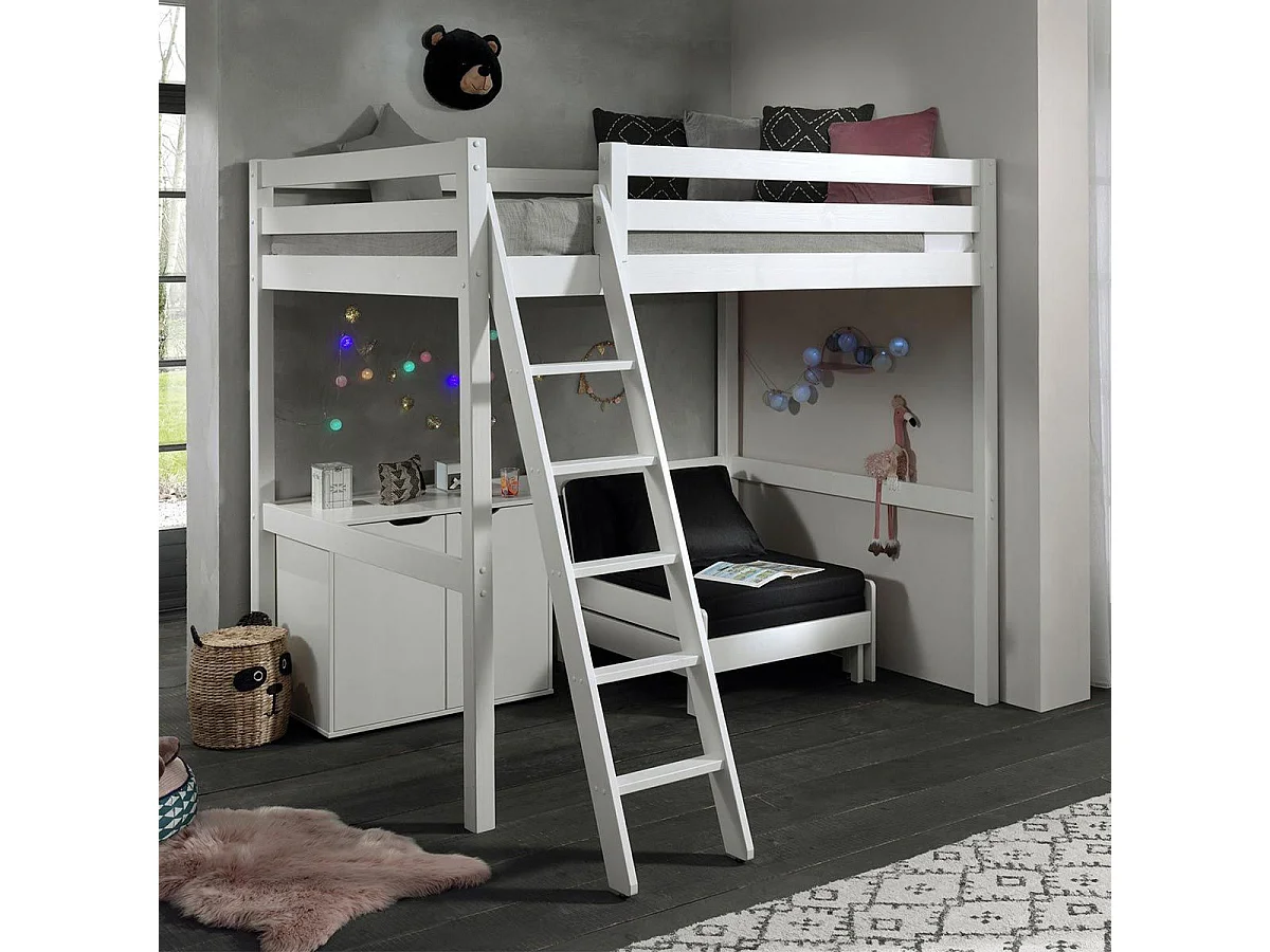 Pack - Lit Mezzanine Enfant, Commode & Fauteuil-Lit "Pino" Blanc
