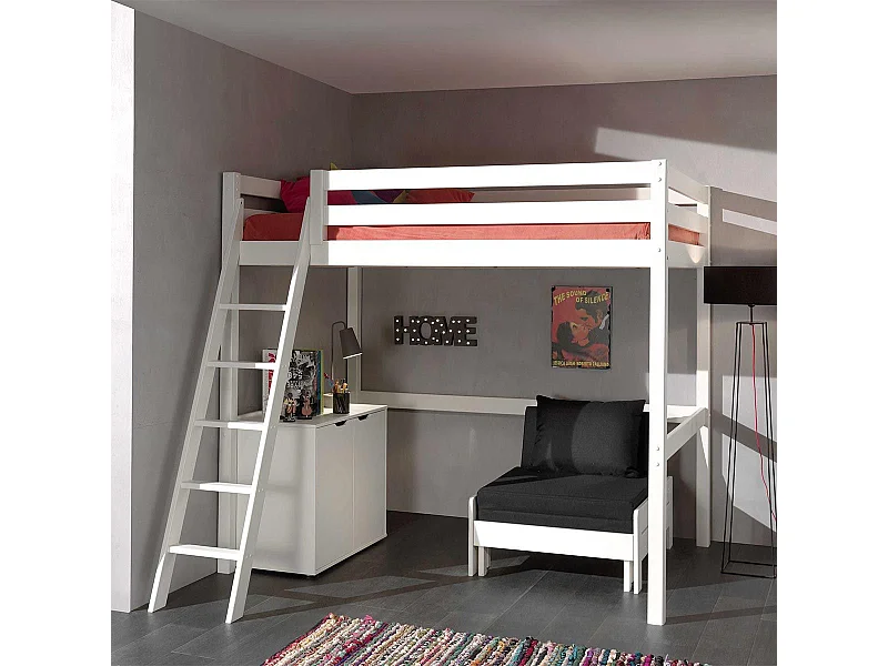 Pack - Lit Mezzanine Enfant, Commode & Fauteuil-Lit "Pino" Blanc