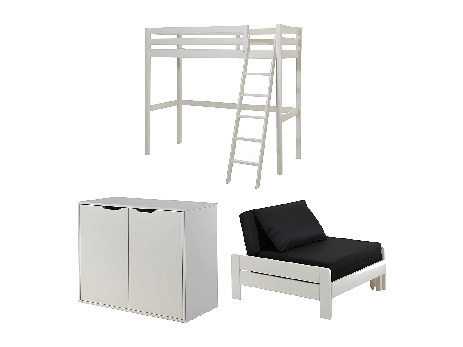 Pack - Lit Mezzanine Enfant, Commode & Fauteuil-Lit "Pino" Blanc