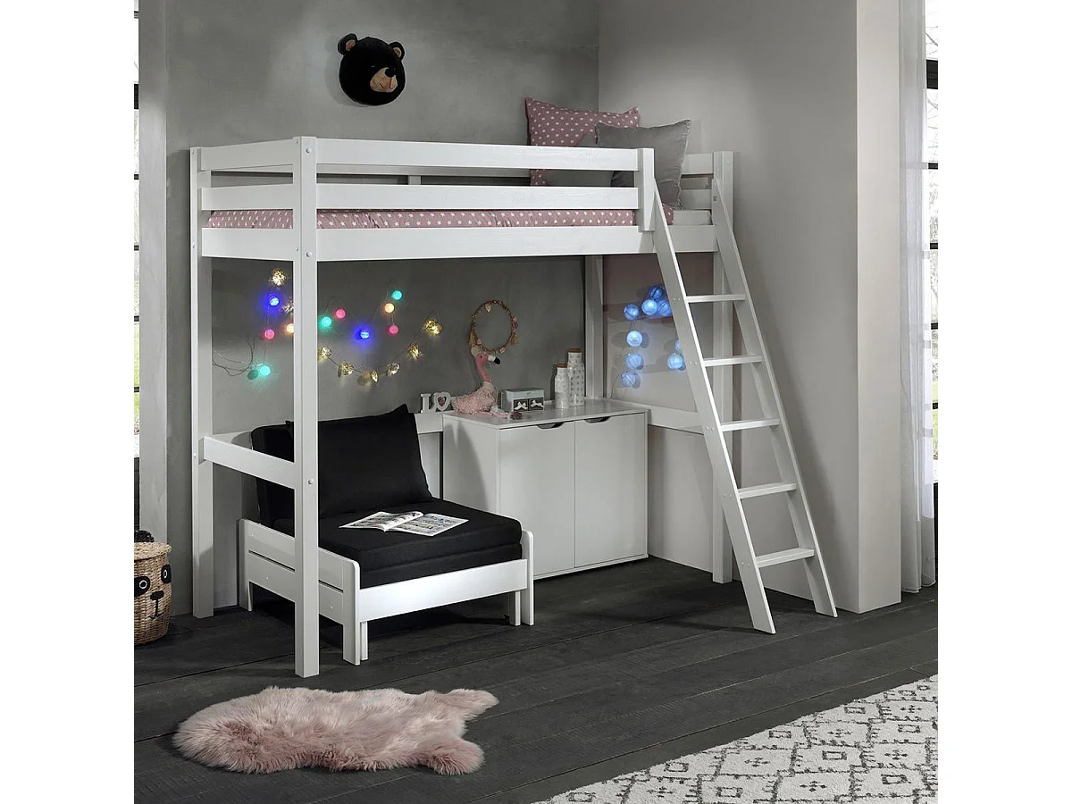 Pack - Lit Mezzanine Enfant, Commode & Fauteuil-Lit "Pino" Blanc