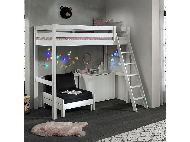 Pack - Lit Mezzanine Enfant, Commode & Fauteuil-Lit "Pino" Blanc