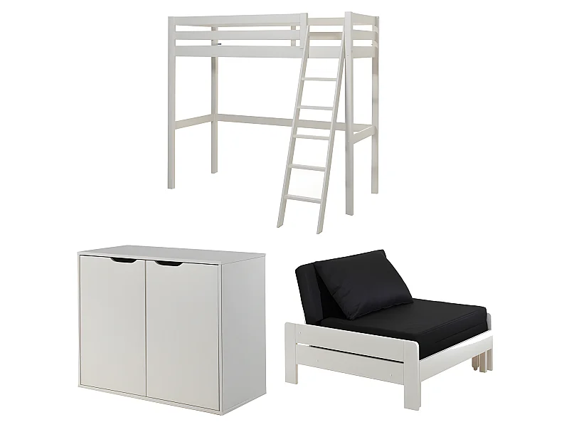 Pack - Lit Mezzanine Enfant, Commode & Fauteuil-Lit "Pino" Blanc