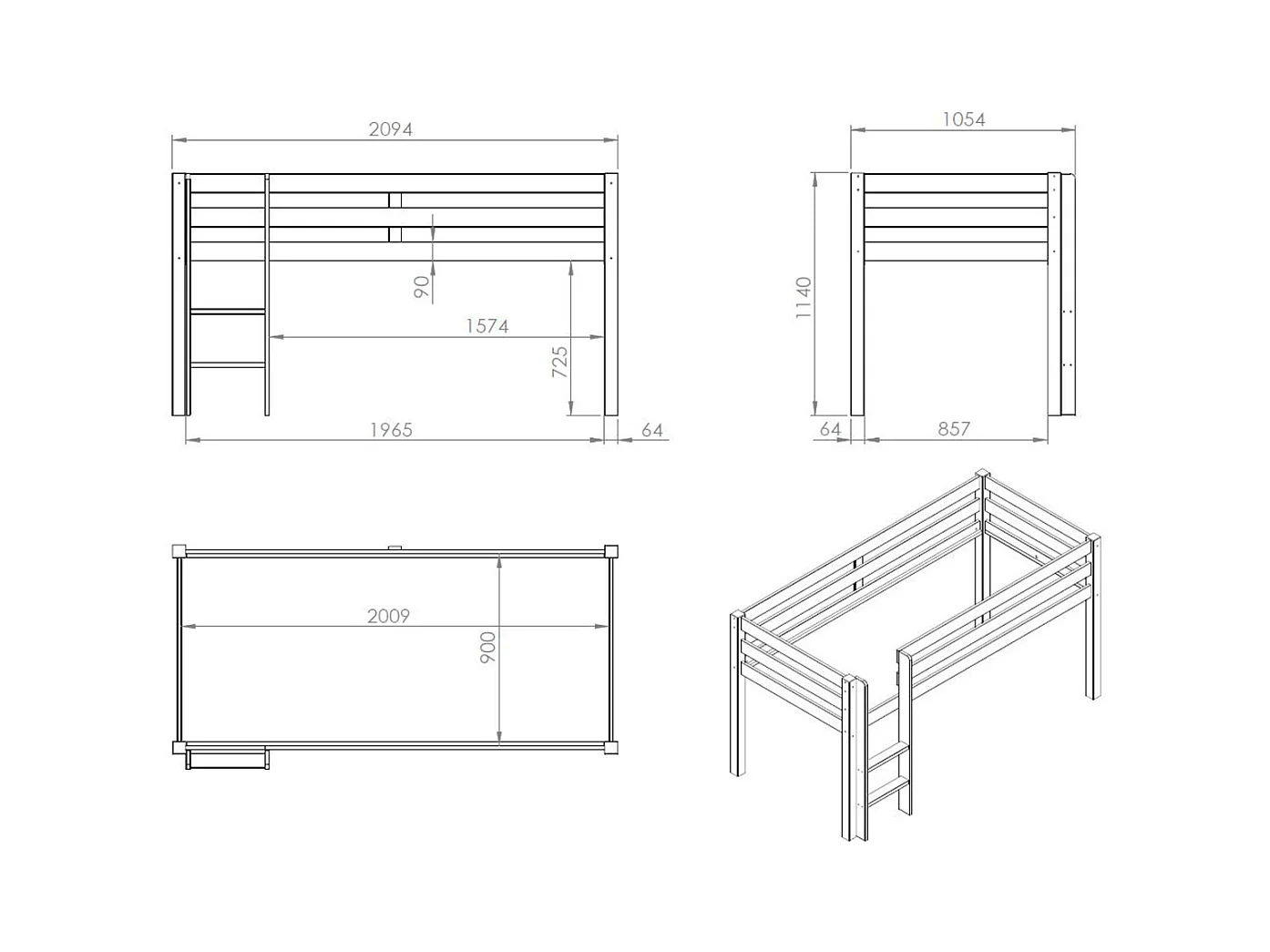 Letto basso 90x200 compreso di molle Vipack Pino - Legno