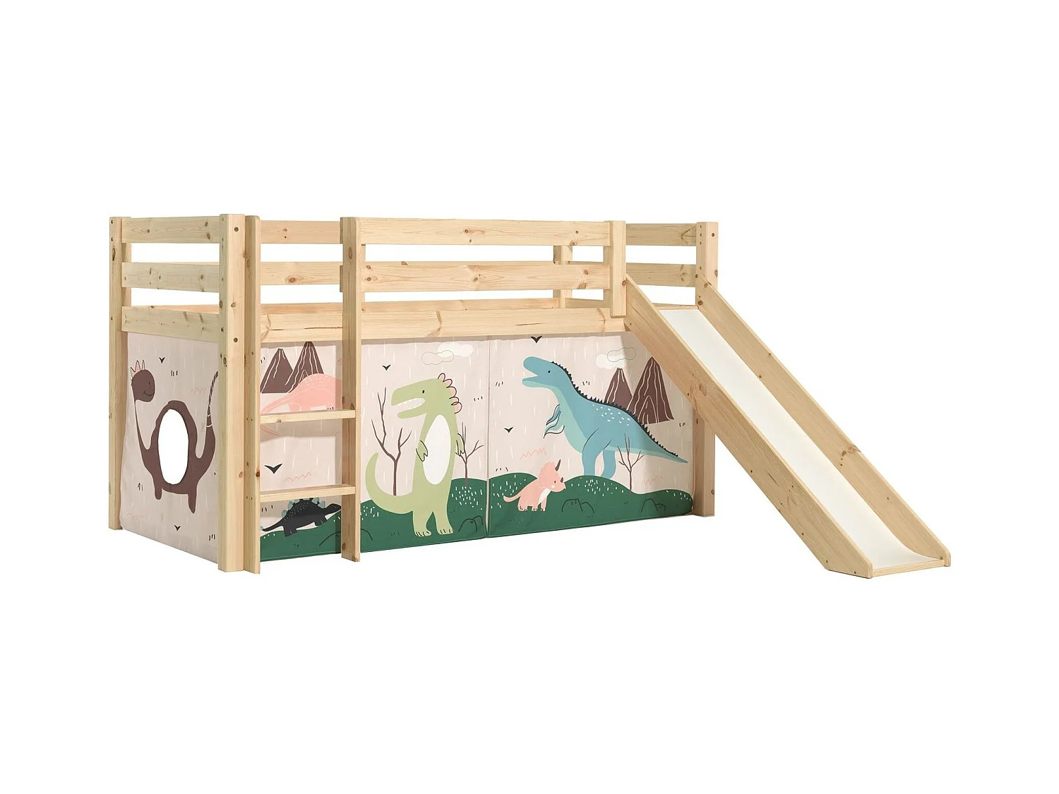 Lit Enfant Surélevé Avec Toboggan "Pino Dino" 90x200cm Naturel