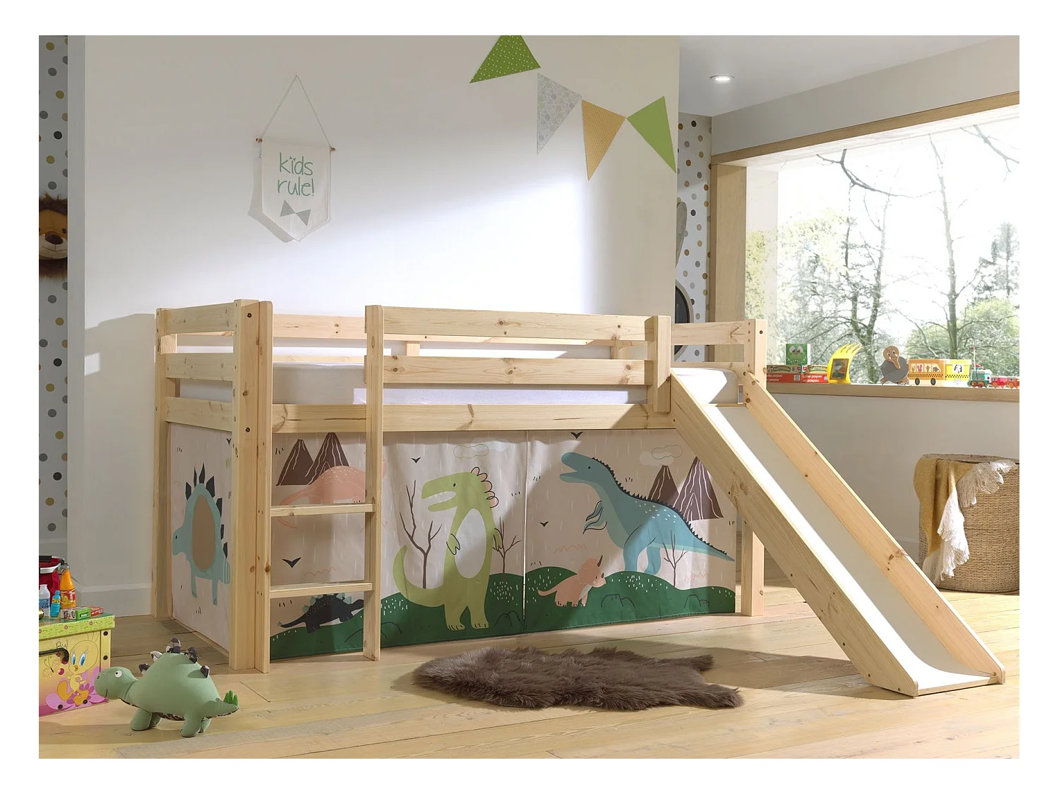 Lit Enfant Surélevé Avec Toboggan "Pino Dino" 90x200cm Naturel