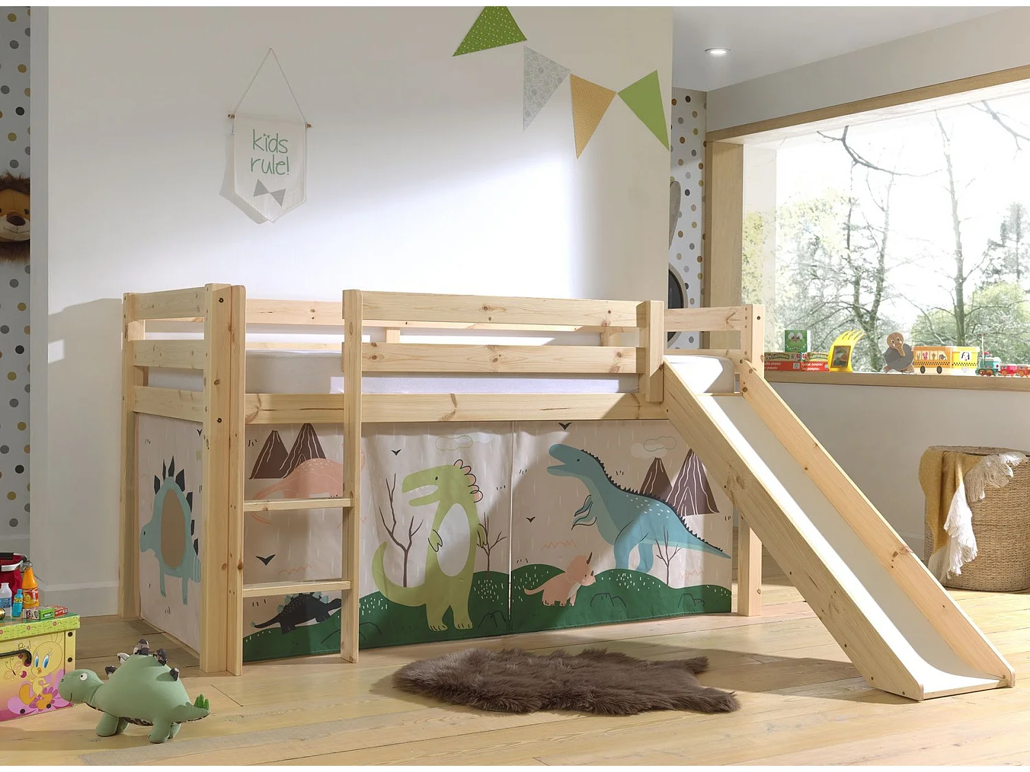 Lit Enfant Surélevé Avec Toboggan "Pino Dino" 90x200cm Naturel