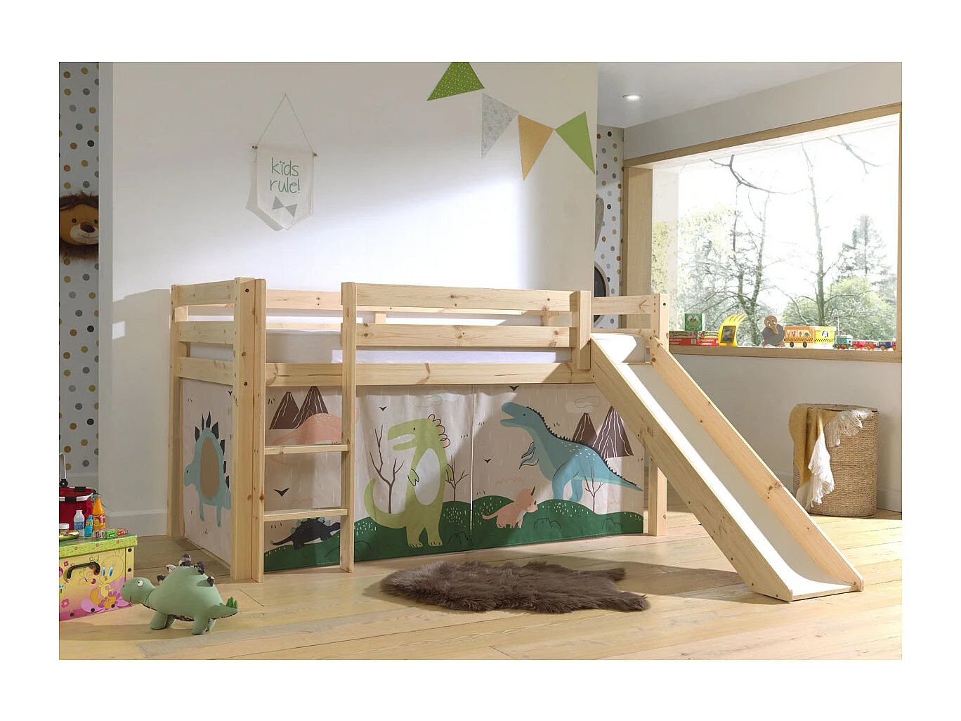 Lit Enfant Surélevé Avec Toboggan "Pino Dino" 90x200cm Naturel