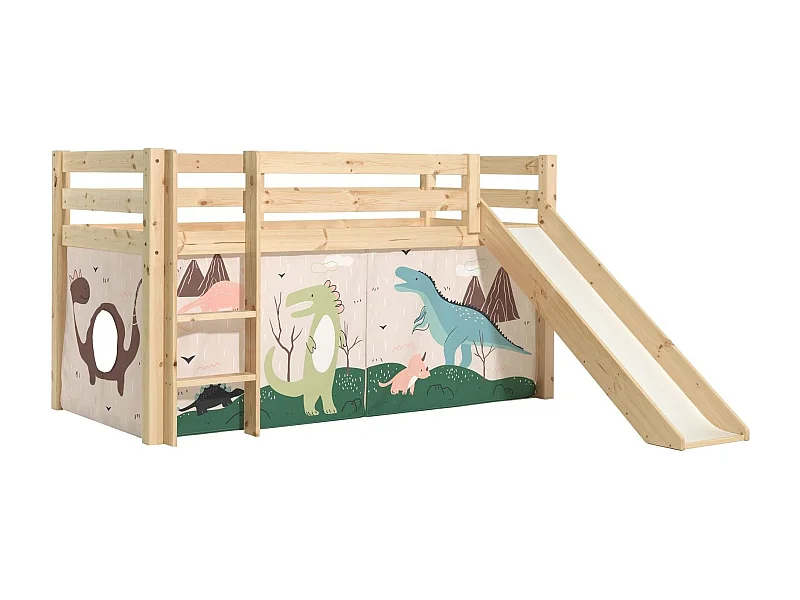 Lit Enfant Surélevé Avec Toboggan "Pino Dino" 90x200cm Naturel