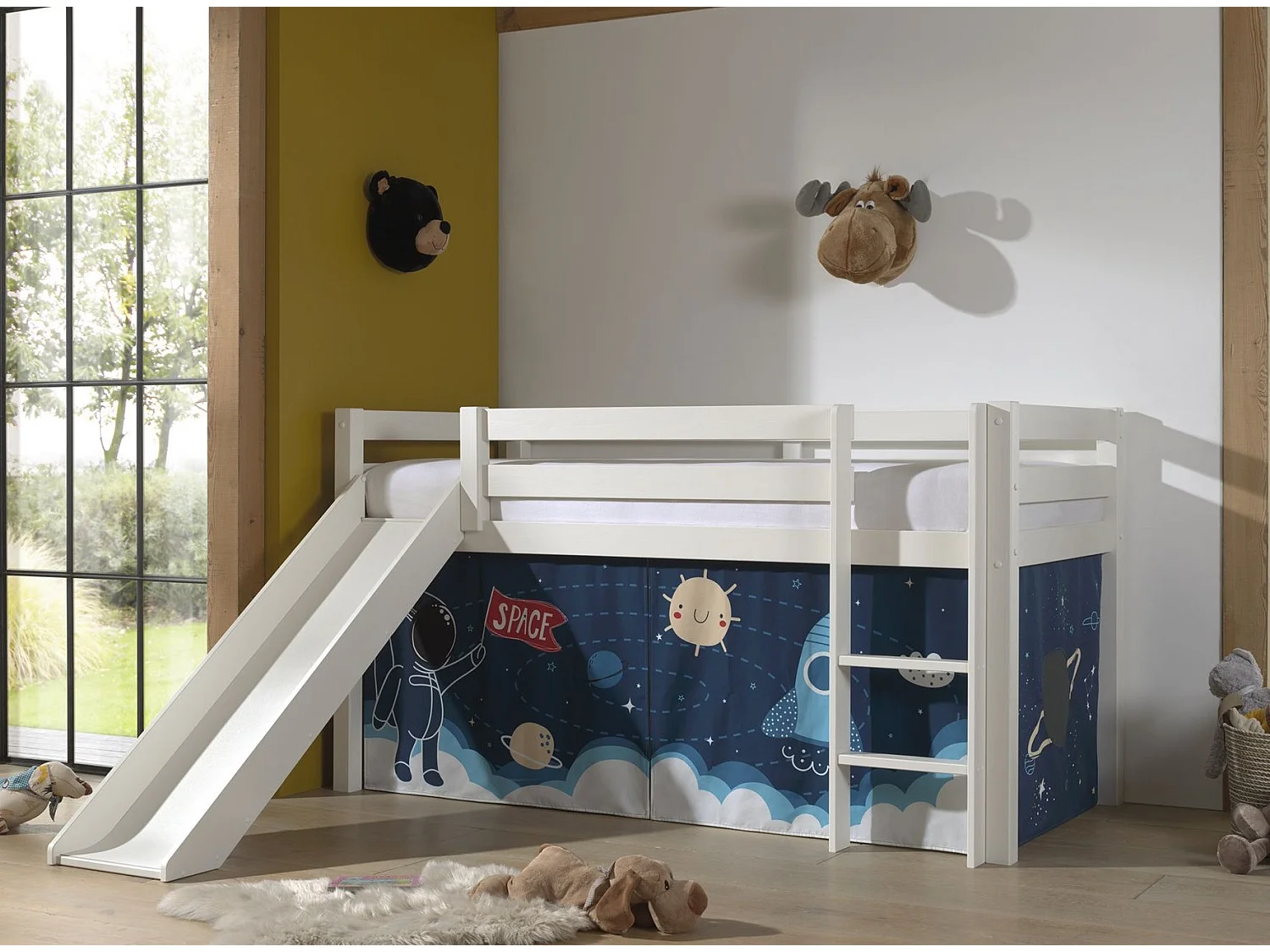 Glijbed 90x200 cm met witte massief grenen astronautentent Pino