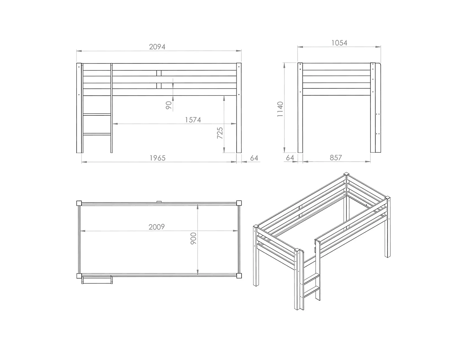 Letto 90x200 Mi-Height con box-primavera Vipack Pino Grey