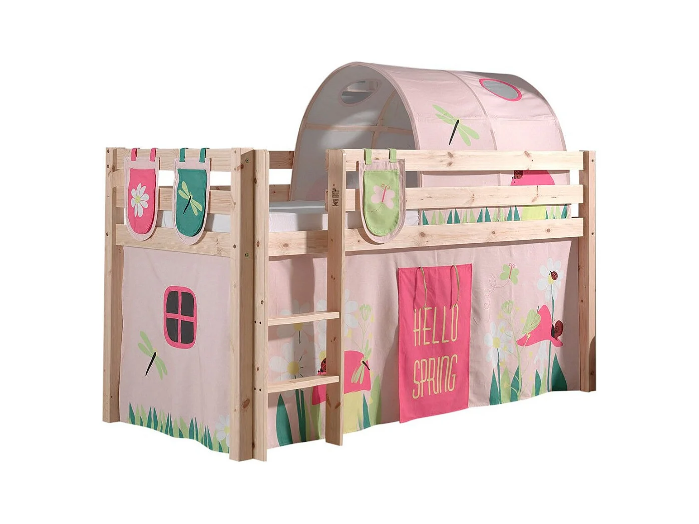 Pack - Lit Enfant Surélevé, Tente, 3 Pochettes & Tunnel "Pino Spring" Naturel