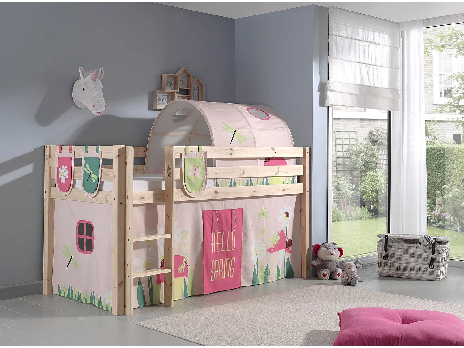 Pack - Lit Enfant Surélevé, Tente, 3 Pochettes & Tunnel "Pino Spring" Naturel