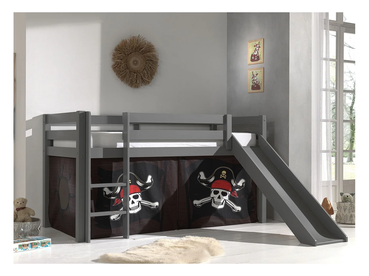 Cama slide 90x200 cm con tienda pirata marrón pino macizo gris Pino