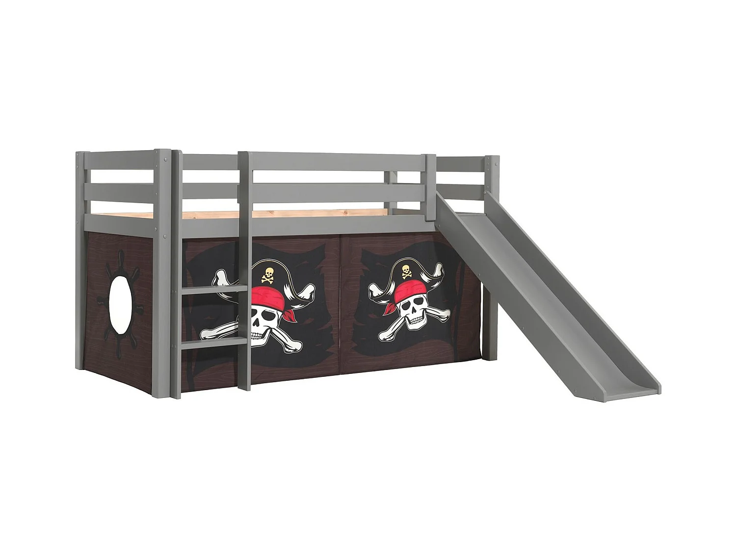 Lit Enfant Surélevé Avec Toboggan "Pino Caribian Pirates" 90x200cm Gris