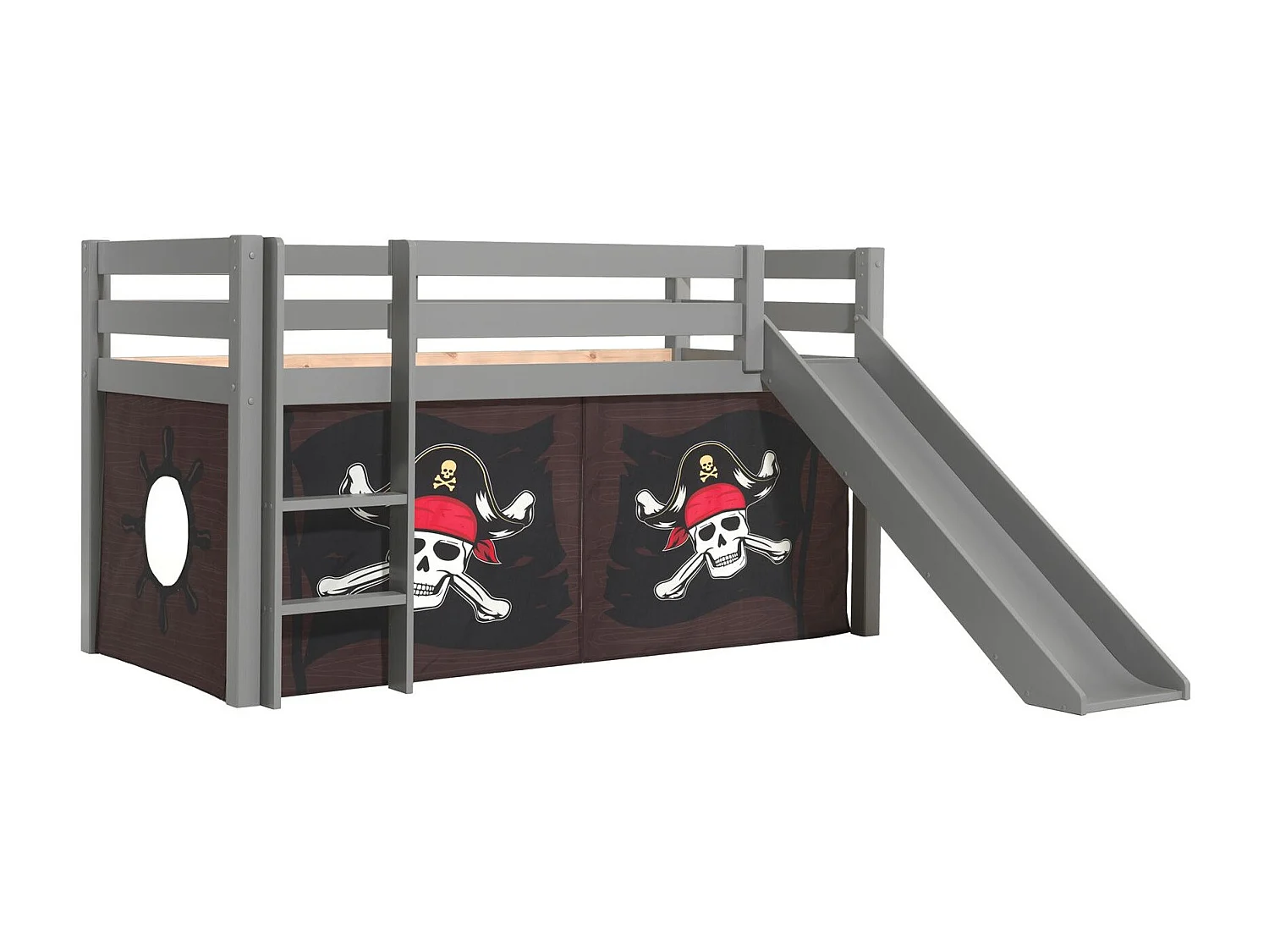 Glijbed 90x200 cm met bruine piratentent massief grenen grijs Pino