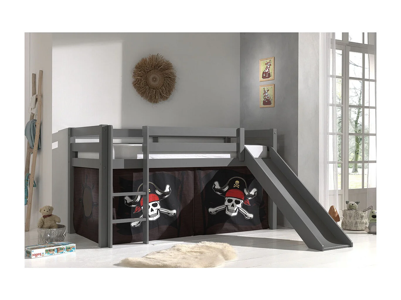 Lit Enfant Surélevé Avec Toboggan "Pino Caribian Pirates" 90x200cm Gris