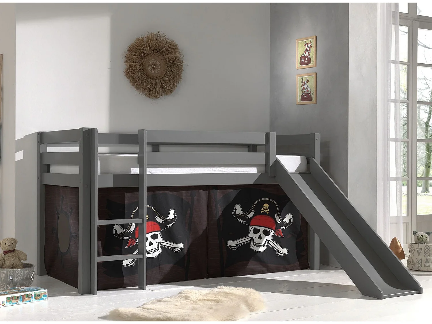 Lit Enfant Surélevé Avec Toboggan "Pino Caribian Pirates" 90x200cm Gris