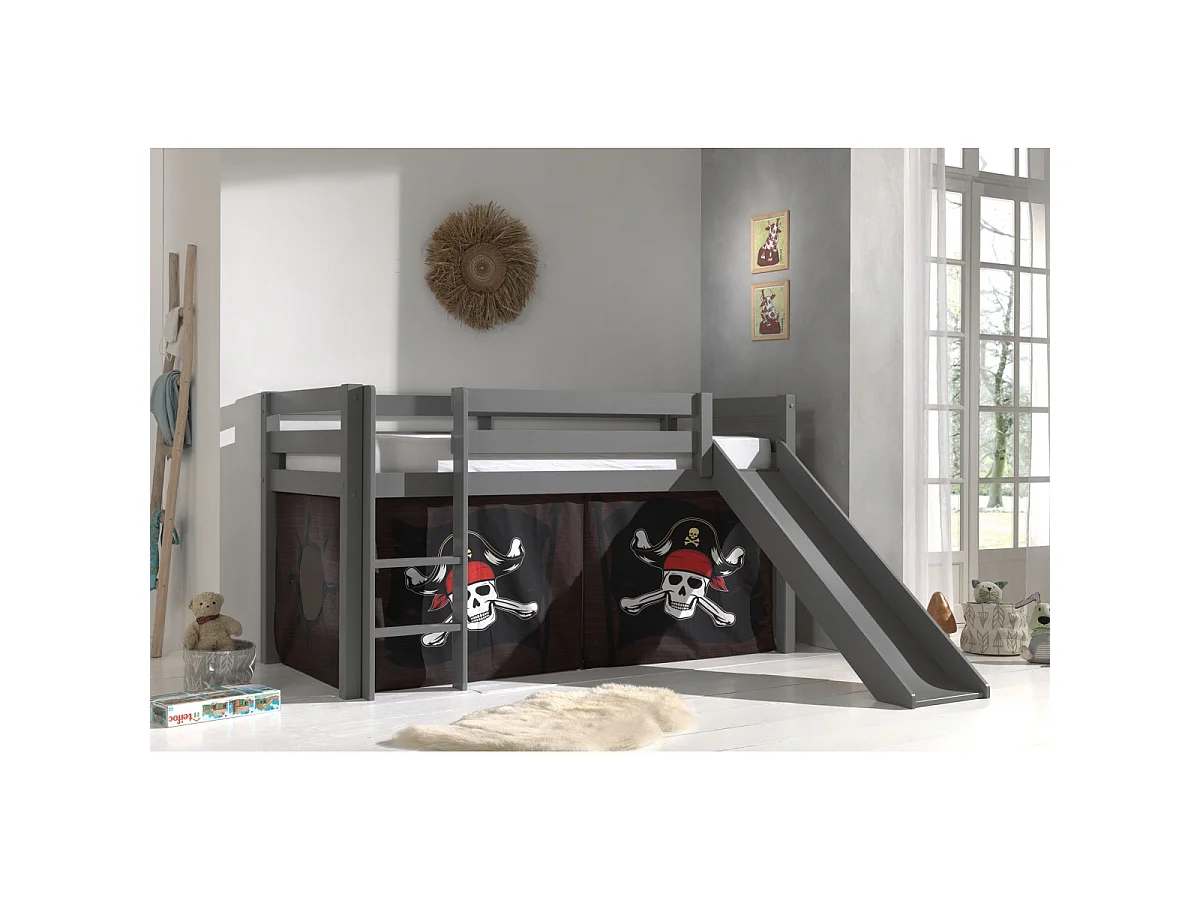 Cama slide 90x200 cm con tienda pirata marrón pino macizo gris Pino