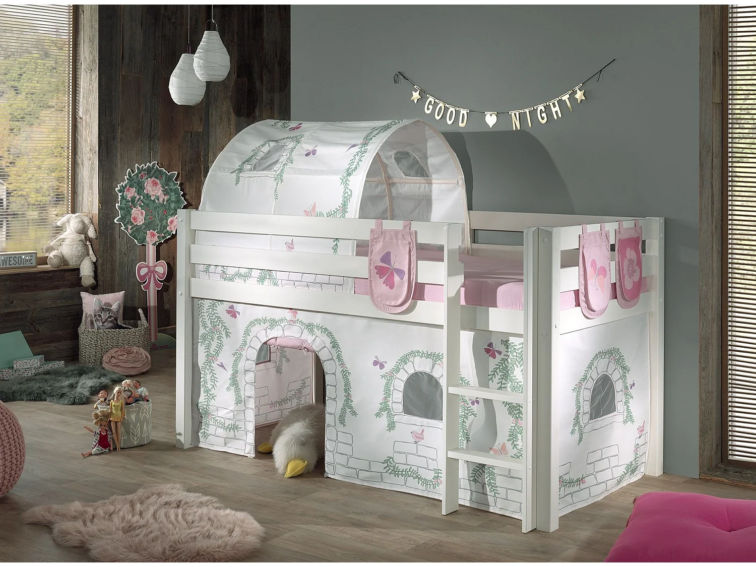 Mezzaninebed 90x200 cm met tunneltent en 3 vakken tegen wit massief grenen Pino