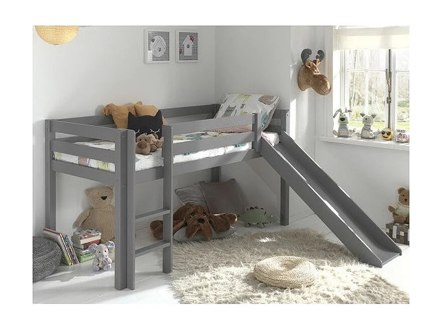 Lit Enfant Surélevé Avec Toboggan "Pino" 90x200cm Gris