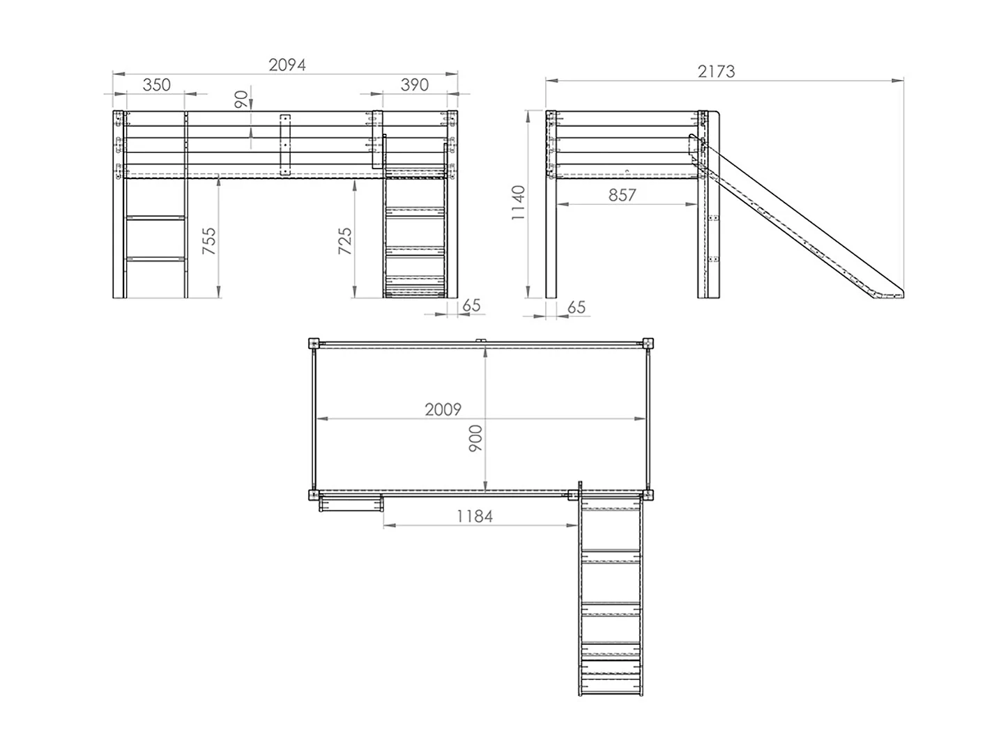 Lit Enfant Surélevé Avec Toboggan "Pino" 90x200cm Gris