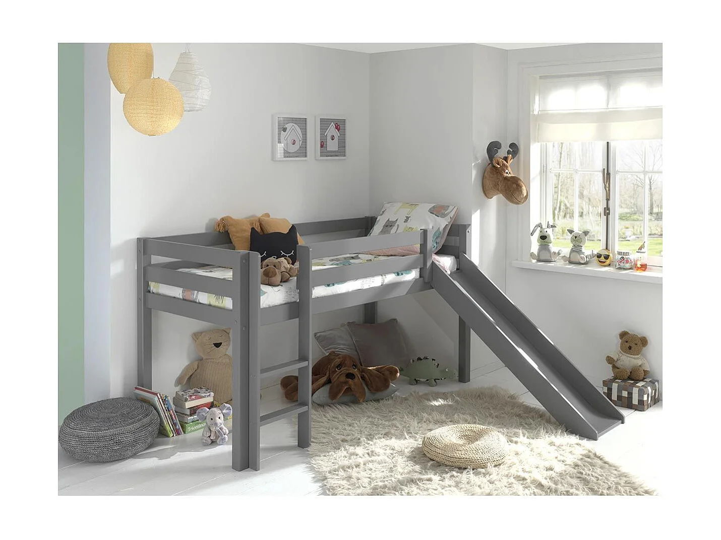 Lit Enfant Surélevé Avec Toboggan "Pino" 90x200cm Gris